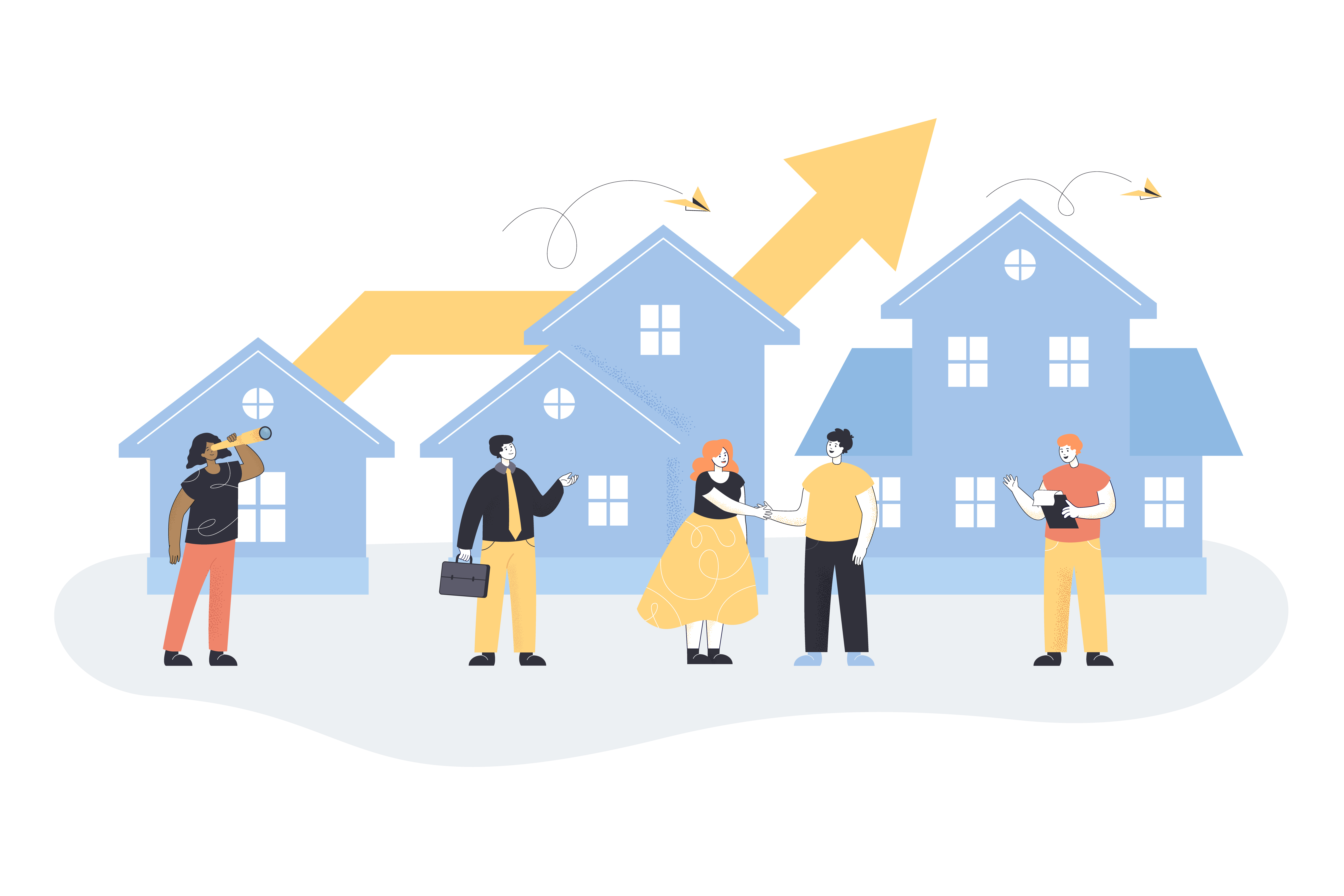 Tiny real estate agents with clients near houses